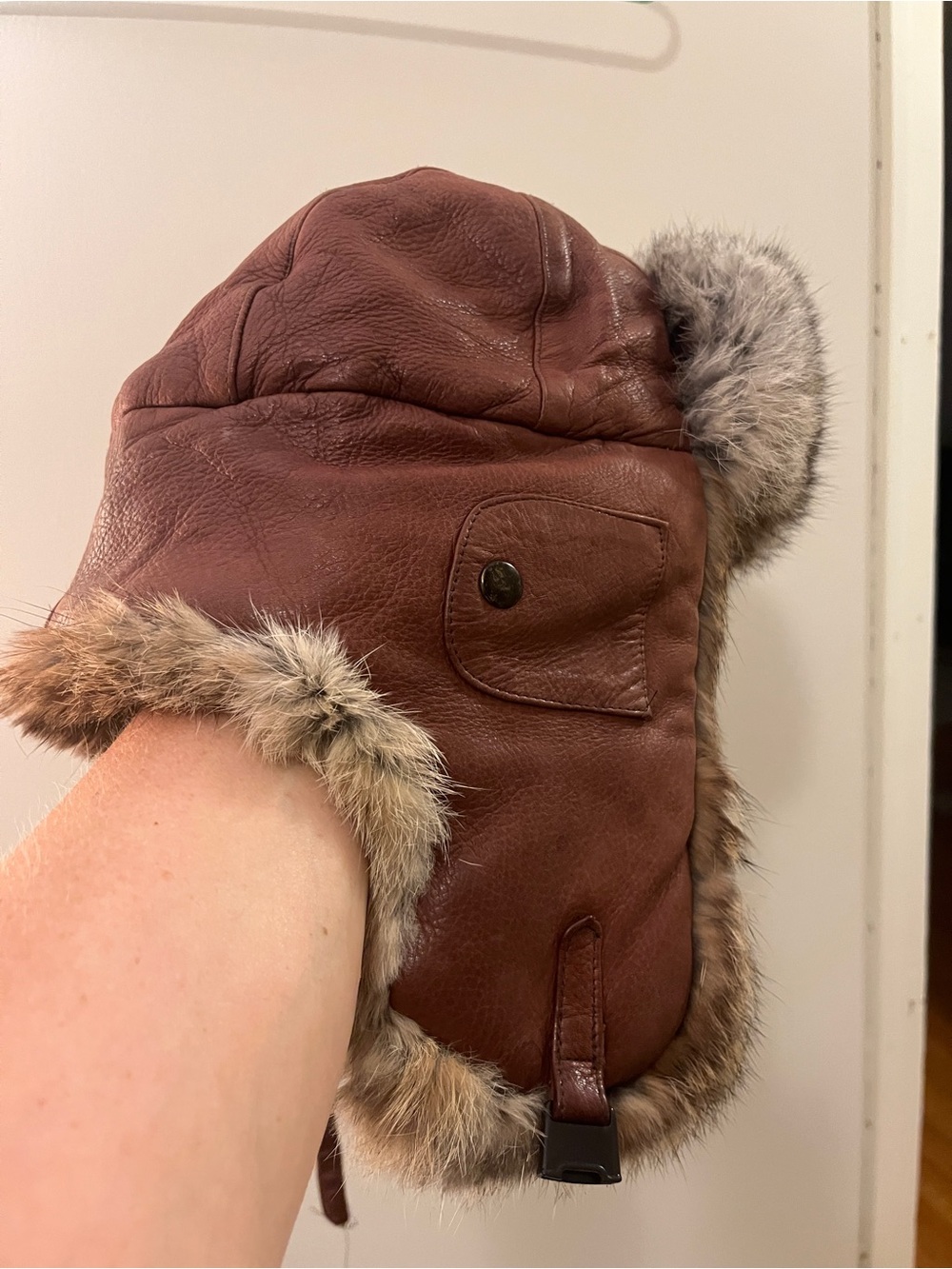 Mad Bomber Rabbit Fur & Leather Trapper Hat Brown Aviator Bomber Size L